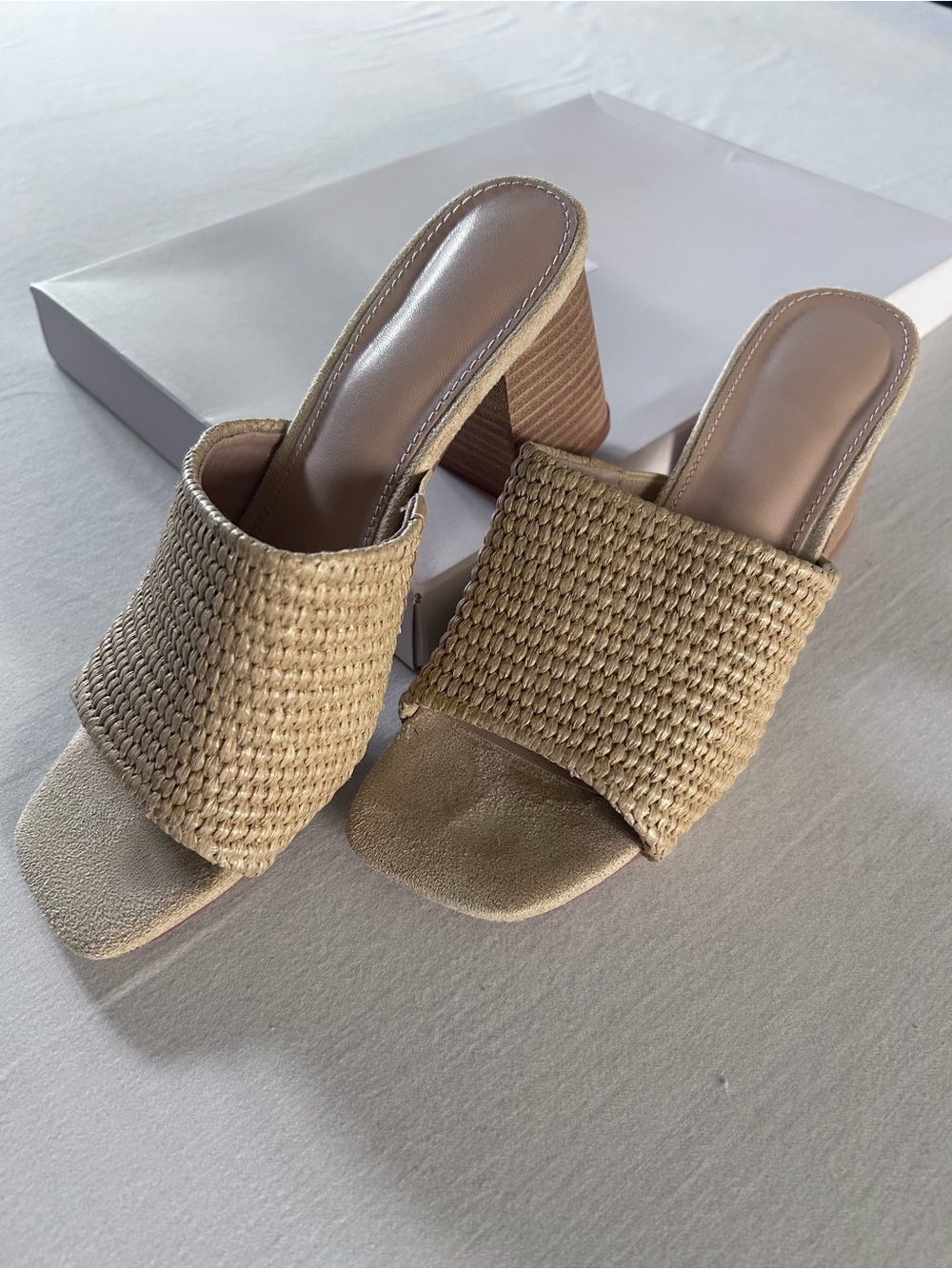 Woven Slide Block Heel Sandals - Beige